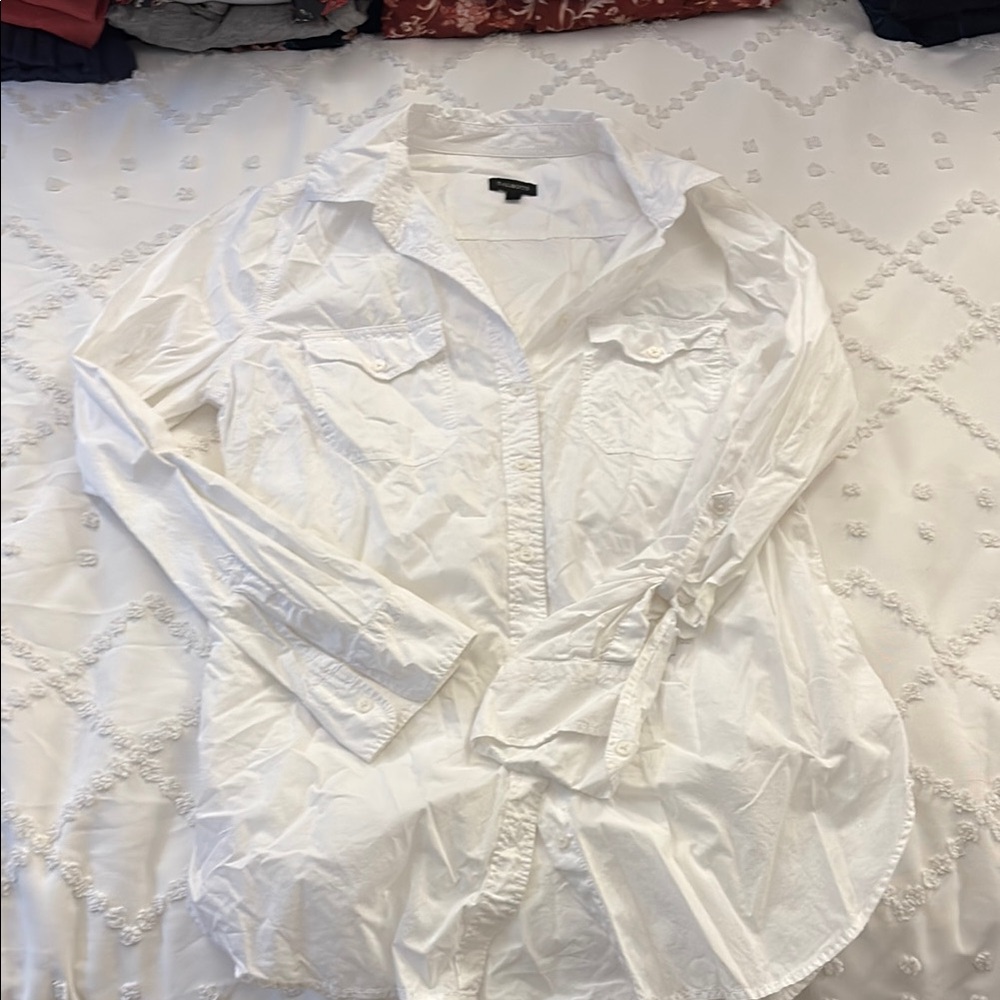 White Button Down Shirt with Notched Collar and Tie Front